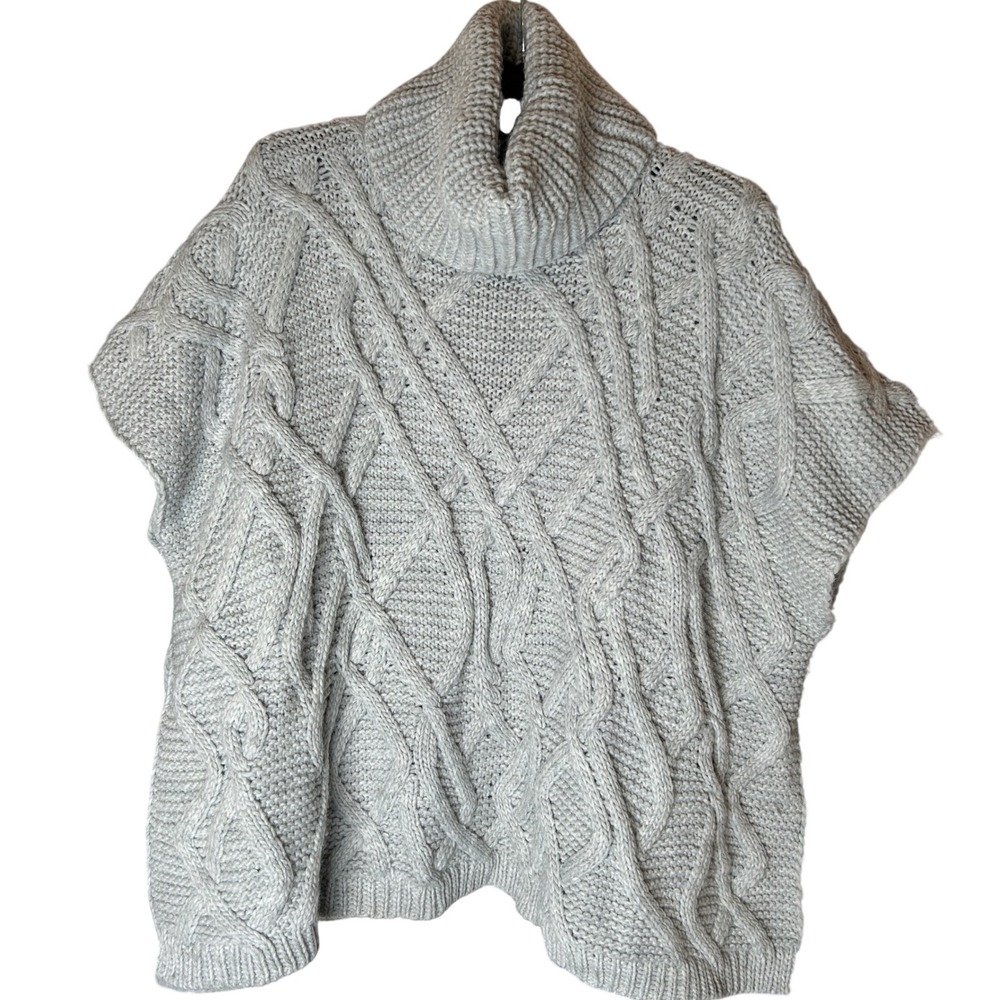 Liz‎ Claiborne Poncho Sweater Women One Size Grey Cable Knit Turtleneck Cozycore
